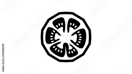 Black and white silhouette of citrus fruit slice with seeds on white background