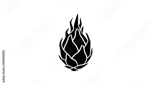 Dragon fruit silhouette emblem with bold flame design on white background