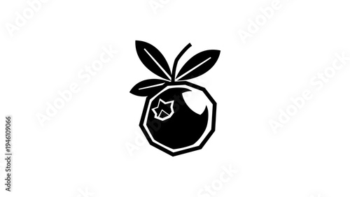 Black and white silhouette of berry with leaves on white background