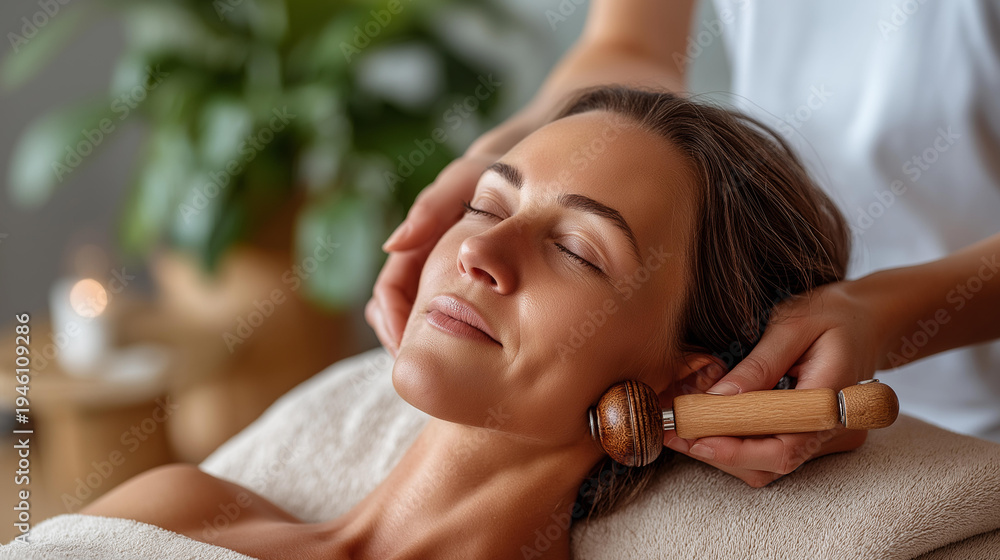 Naklejka premium Close-up of a relaxed woman receiving a facial massage with a wooden roller tool for maderotherapy and skin care treatment in a spa salon, defocused background, natural skincare