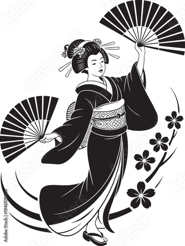 Silhouette of a woman in a kimono holding fans
