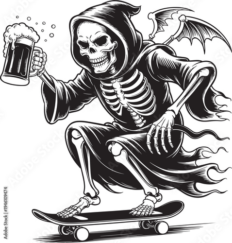 Skeleton with wings riding a skateboard holding a beer