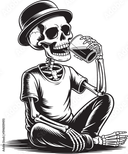 Skeleton wearing hat drinking from cup