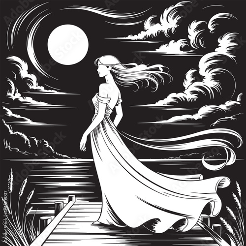 Woman in long dress walking under moon and clouds