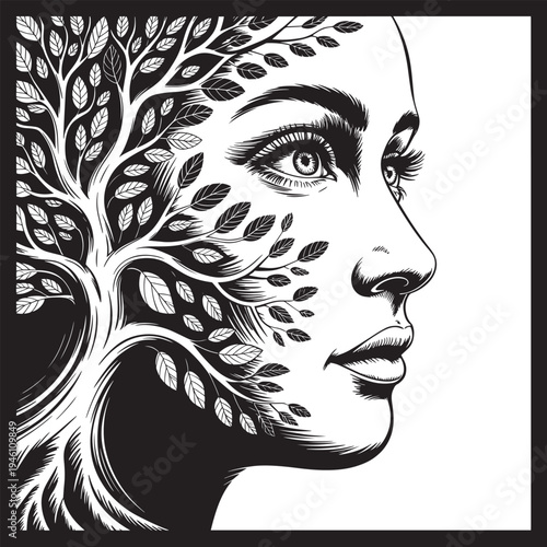 Woman face profile with tree branches and leaves overlay