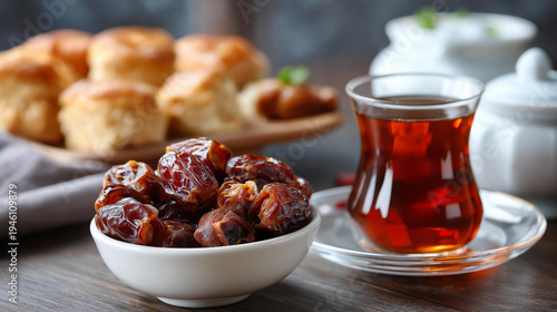 Traditional spread with dates and tea, symbolizing breaking fast, spiritual meal ritual, religious observance food, iftar celebration display, cultural nourishment tradition,