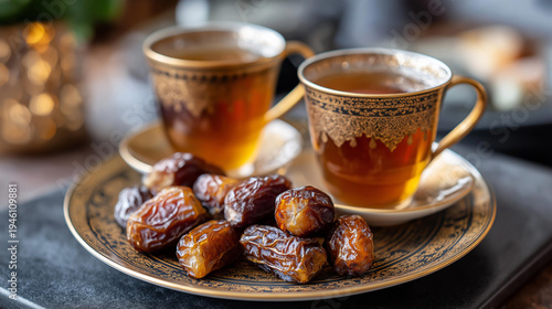 Traditional spread with dates and tea, symbolizing breaking fast, spiritual meal ritual, religious observance food, iftar celebration display, cultural nourishment tradition,