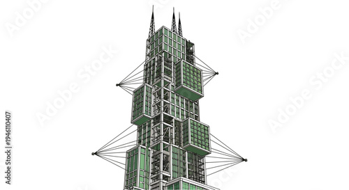Vector illustration of a futuristic green skyscraper with metal framework
