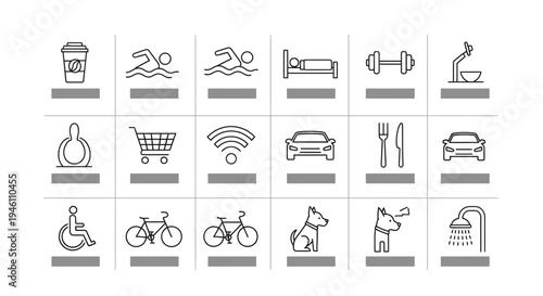 Set of Modern Flat Icons for Amenities and Services, Vector Graphic Style, Ideal for Hotel Websites and App Interfaces