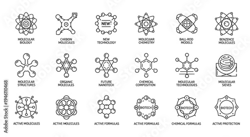 Set of Molecular Structure Icons, Scientific Research and Biotechnology Symbols, Vector Illustration for Medical and Chemical Concepts