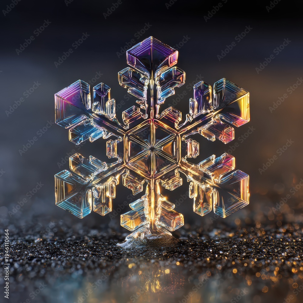 Naklejka premium Macro photography of snowflake crystal with vivid rainbow iridescent color on warm brown background
