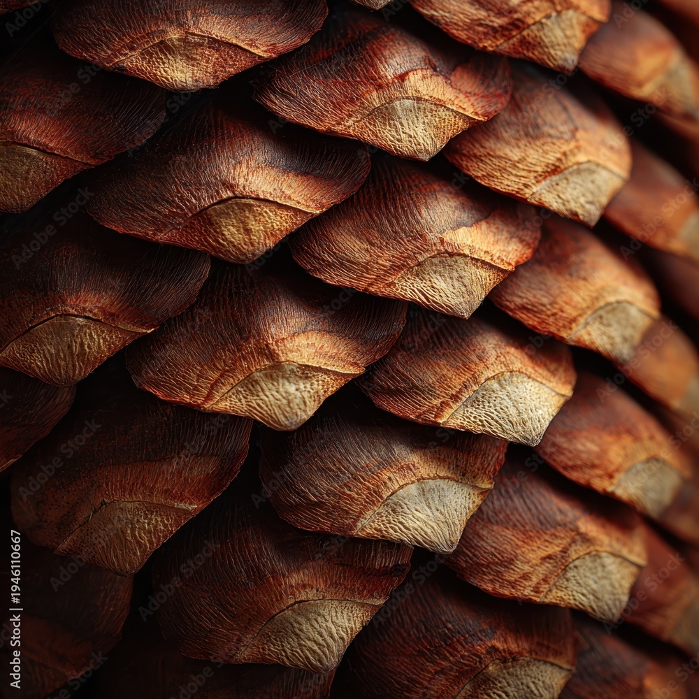 Fototapeta premium Macro shot of pine cone scales with geometric natural spiral pattern in warm brown tones