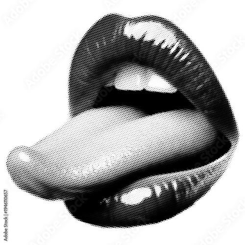 Mouth with tongue sticking out vintage y2k halftone art, playful open lips expression stipple brutalist retro vector png with transparent background, bold 2000s aesthetic photocopy effect tattoo
