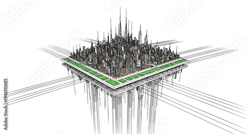 Vector illustration of futuristic cityscape on a microchip