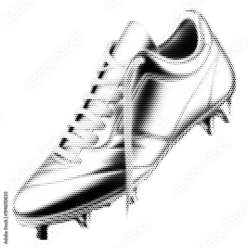 Shiny football shoe vintage y2k halftone art, glossy soccer cleat with reflective surface stipple brutalist retro vector png with transparent background, bold 2000s aesthetic photocopy effect tattoo