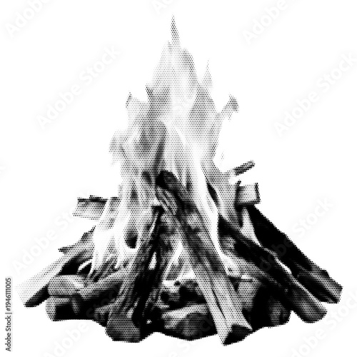 Bonfire vintage y2k halftone art, roaring campfire flames with sparks stipple brutalist retro vector png with transparent background, bold 2000s aesthetic photocopy effect tattoo