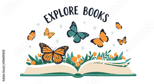 Vector illustration of butterflies and open book with text 'EXPLORE BOOKS'