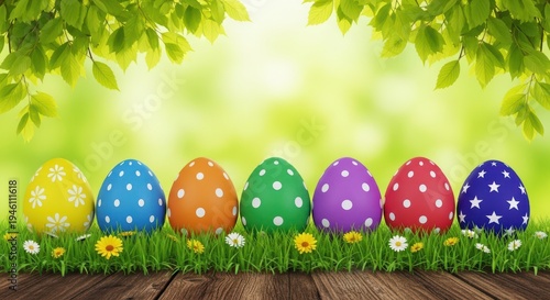 Colorful Easter eggs on a wooden table in a lush green garden with vibrant flowers and leaves