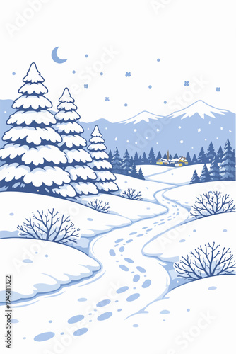 Peaceful Snowy Winter Landscape with Path and Pine Trees Illustration