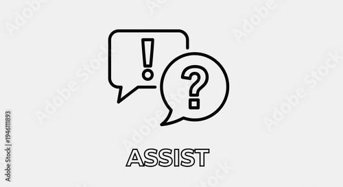 Speech Bubbles with Exclamation and Question Marks Icon, Assist Concept, Minimalist Line Art Graphic, Support and Help Symbol
