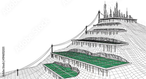 Vector illustration of futuristic cityscape with green spaces