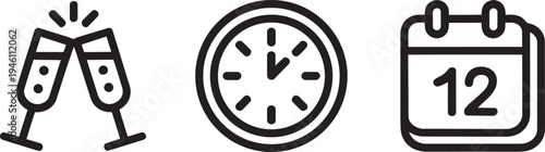 Clinking glasses, clock, and calendar icons