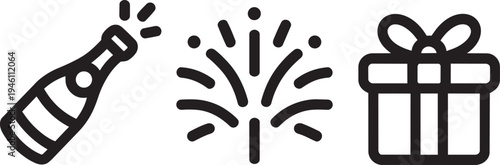 Celebration icons: champagne, fireworks, gift box