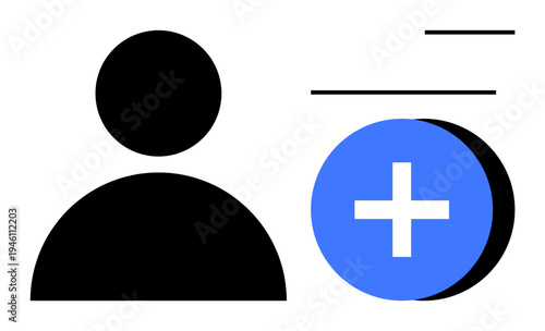 User account creation visual. User profile with a plus sign registration, account setup, or networking. Useful for technology, social media, onboarding, online communities, and UX design