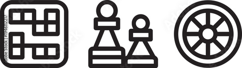 Three line art icons: digital clock, chess pieces, and wheel