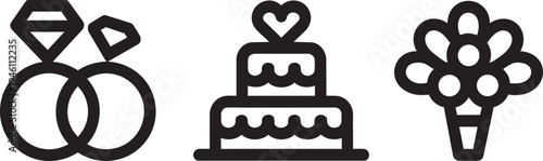 Wedding icons: rings, cake, and bouquet silhouette