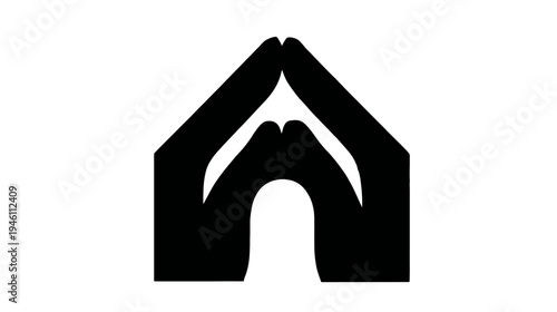 Abstract silhouette of hands pressed together, forming a house or shelter, symbolizing home, protection, care, community, and welcome.