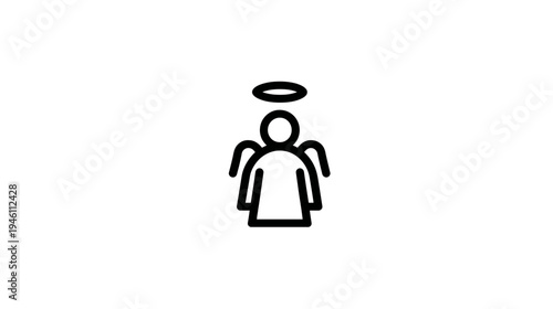 Minimalist angel icon with halo and wings. Simple line art illustration representing spirituality, divinity, and heavenly guidance.