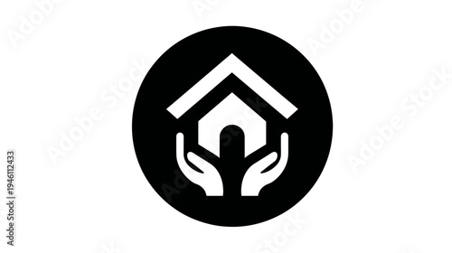 Housing protection icon with caring hands, symbolizing real estate, shelter, security, and home support.