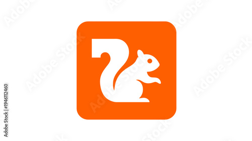 Stylized white squirrel silhouette icon on a vibrant orange rounded square background, minimalist graphic design element.