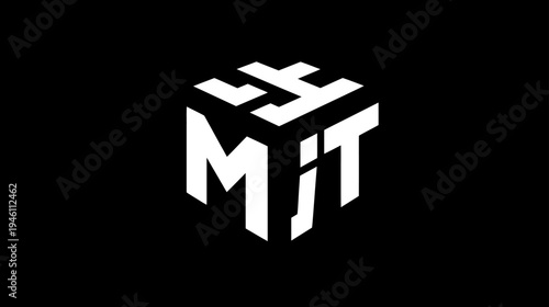 Modern 3D geometric cube with stylized white letters M, I, T on a black background. Abstract graphic design element.
