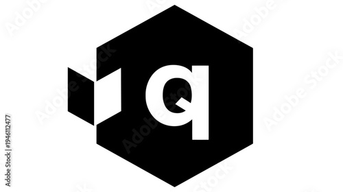 Modern black and white abstract geometric icon featuring a stylized letter Q inside a hexagon shape, ideal for digital design