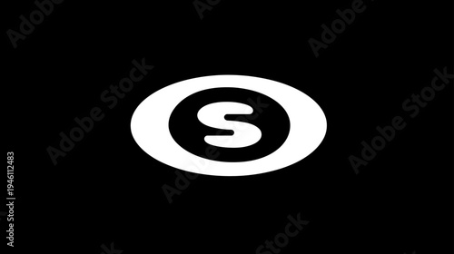 Abstract white capital letter S icon within an oval shape on a solid black background, minimalist graphic design element