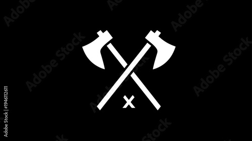 Minimalist crossed axes icon on a black background. White graphic symbol representing woodcutting, strength, and outdoor adventure.