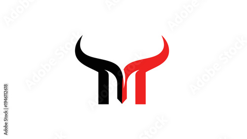 Abstract modern minimalist graphic design of stylized bull horns or letter M in black and red, powerful symbol icon concept
