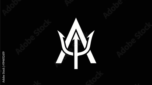 Stylized 'A' letter combined with a trident symbol, modern abstract geometric black and white icon design element