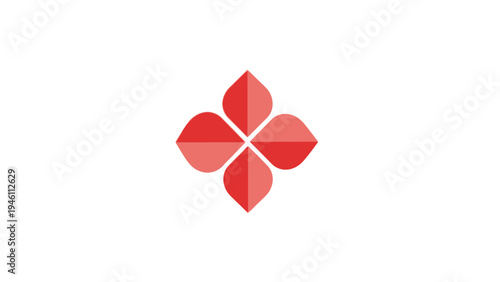 Vibrant red abstract four-petal floral graphic design element. Symmetrical modern flower or clover shape on white background.