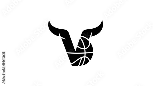 Modern stylized 'V' letter basketball logo icon with strong bull horns symbol. Dynamic graphic for sports team identity or championship design concept.