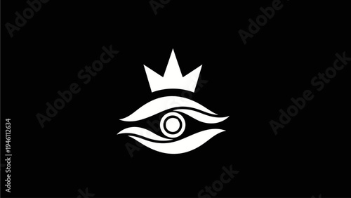 Elegant stylized eye with a crown icon on a black background. Modern graphic symbol of vision, royalty, power, and insight.