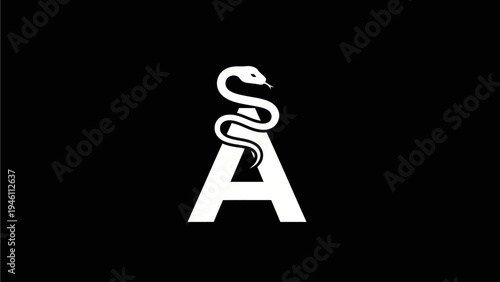 Minimalist medical logo concept: white letter A with intertwining snake, health and pharmacy symbol graphic on black background.
