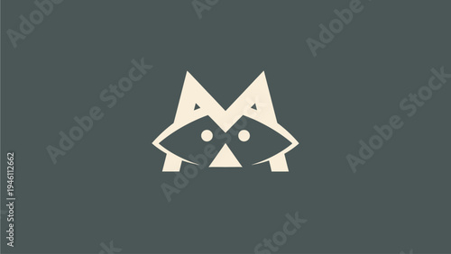Minimalist M letter logo design with abstract, stylized nocturnal animal face, modern geometric icon, vector graphic on dark background.