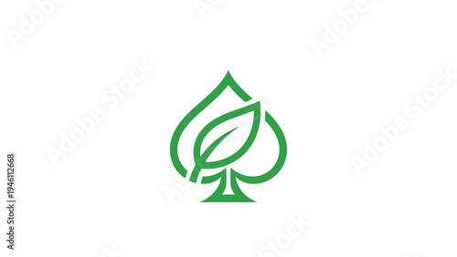 Clean green spade card suit combined with a leaf, symbolizing nature, gardening, eco-friendly concepts, and growth.