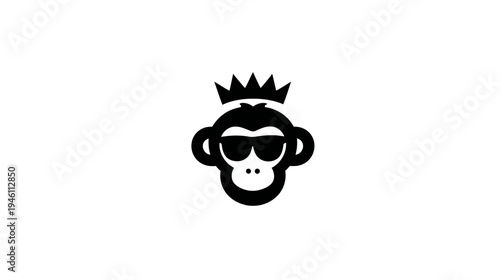 Stylized monkey head icon with sunglasses and crown. Minimalist black primate character, cool king design on white background.