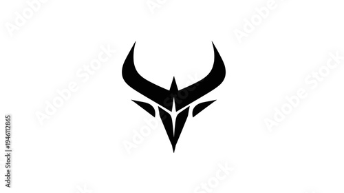 Abstract black bull head icon with sharp horns. Modern graphic design element symbolizing power, strength, and determination.