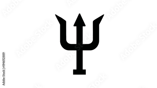Simple black trident symbol isolated on a clean white background. Classic mythological icon representing sea power, strength, and authority.