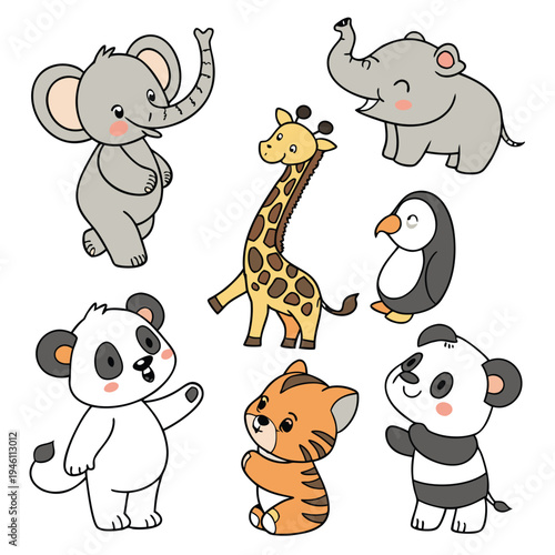 Photography A group of cute cartoon animals including elephant, giraffe, penguin, panda, tig